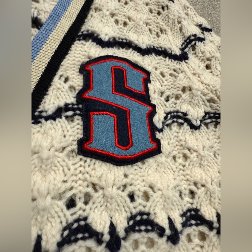 Sandro - Ludvik Cream Crochet Cardigan Sweater w Logo Patch Pocket - size Small - Picture 6 of 14